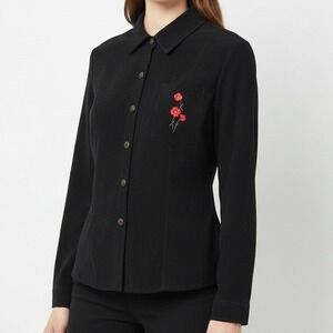 Studio C Black Button Down Blouse Red Floral Embroidery Long Sleeve Size 14